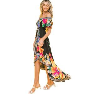 Jealous Tomato Floral Fiesta Off Shoulder Smocked Chest Faux Wrap Hi Lo Dress XL